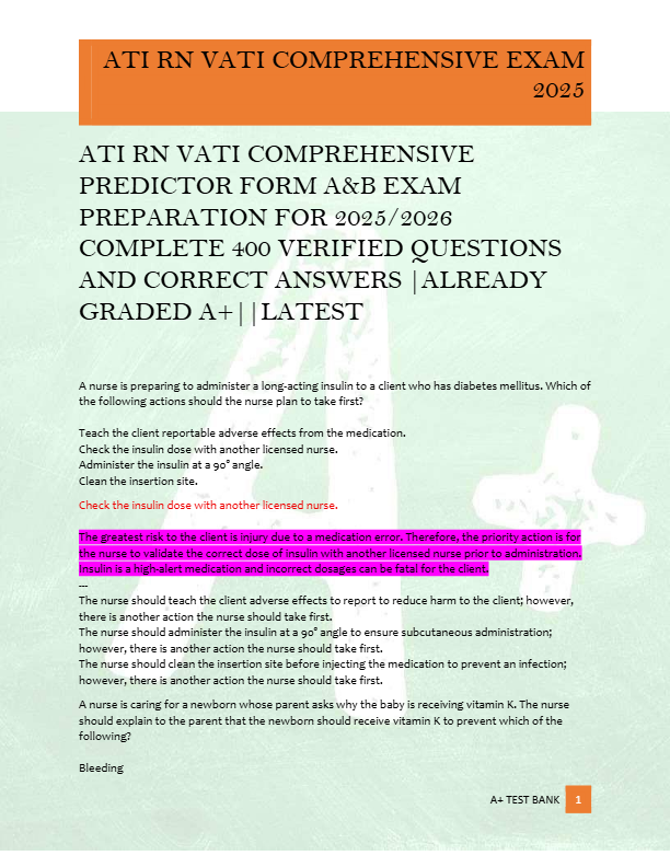 ATI RN VATI COMPREHENSIVE  PREDICTOR FORM A&B EXAM  PREPARATION FOR 2025/2026  COMPLETE 400 VERIFIED