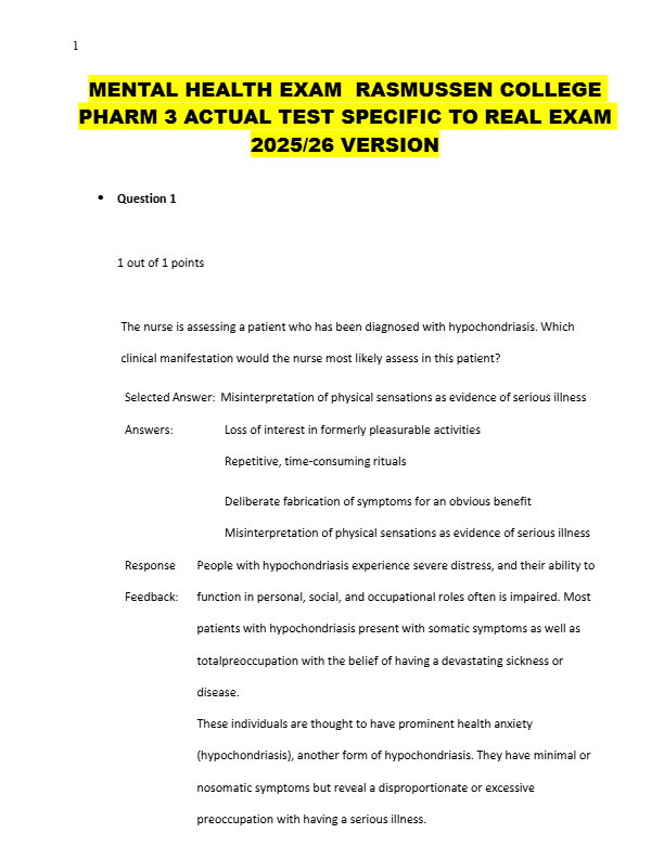 MENTAL HEALTH EXAM  RASMUSSEN COLLEGE  PHARM 3 ACTUAL TEST SPECIFIC TO REAL EXAM  2025/26 VERSION