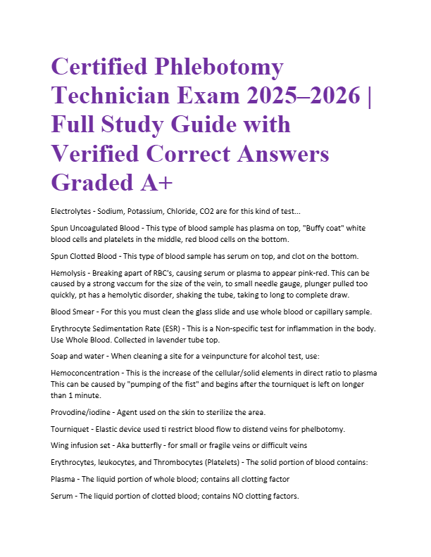 Certified Phlebotomy Technician Exam 2025–2026 | Full Study Guide with Verified Correct Answers Grad