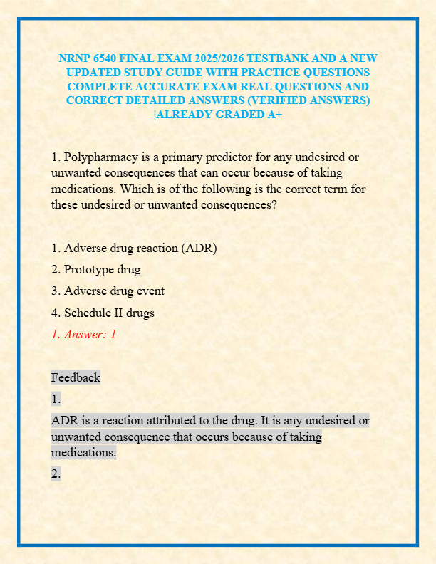 NRNP 6540 FINAL EXAM 2025/2026 TESTBANK AND A NEW UPDATED STUDY GUIDE WITH PRACTICE QUESTIONS COMPLE