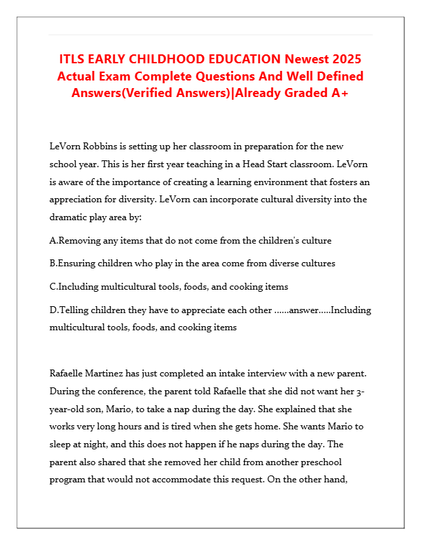 ITLS Early Childhood Education Exam 2025: Complete Questions & Verified Answers (Graded A+)