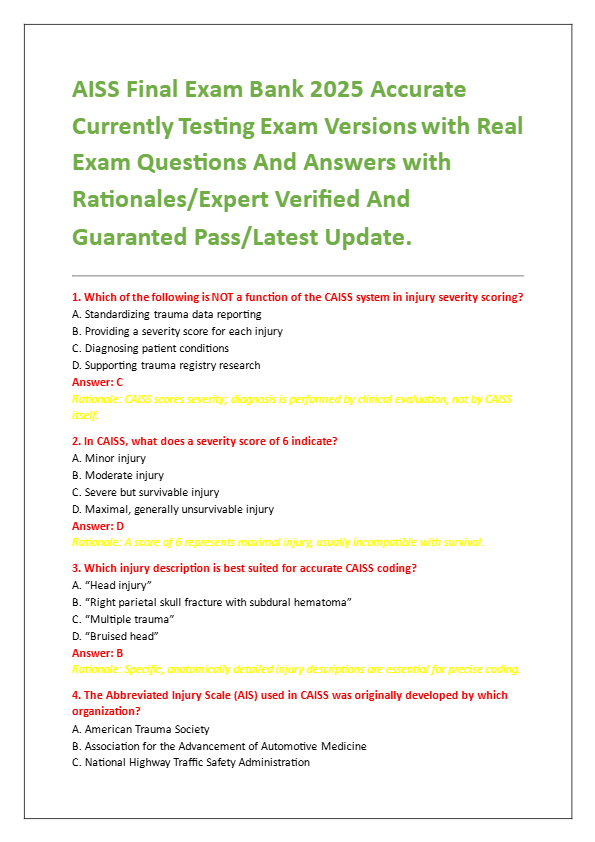 AISS Final Exam Bank 2025 Accurate  Currently Testing Exam Versions with Real  Exam Questions And An