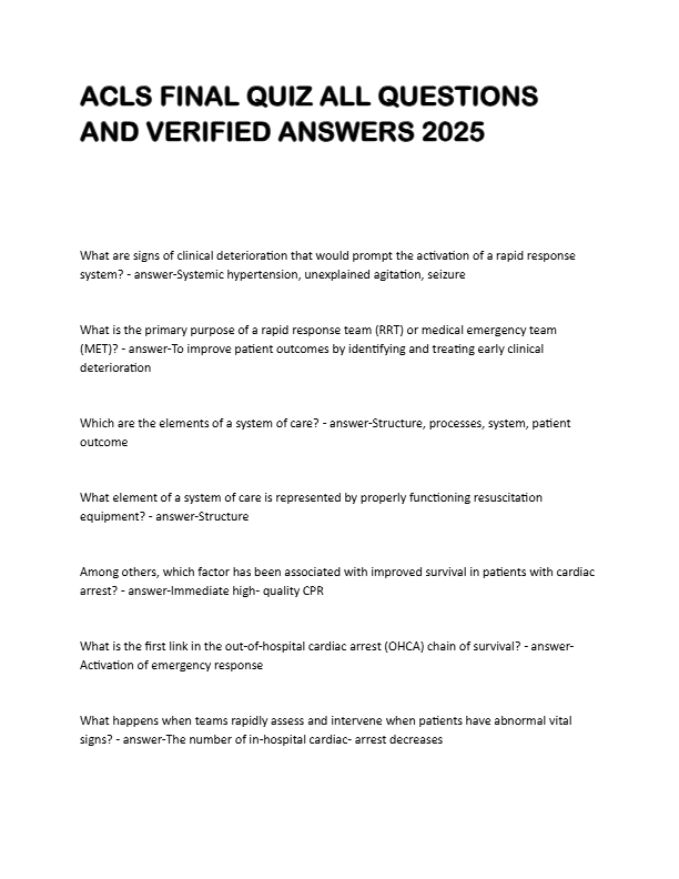 ACLS FINAL QUIZ ALL QUESTIONS  AND VERIFIED ANSWERS 2025