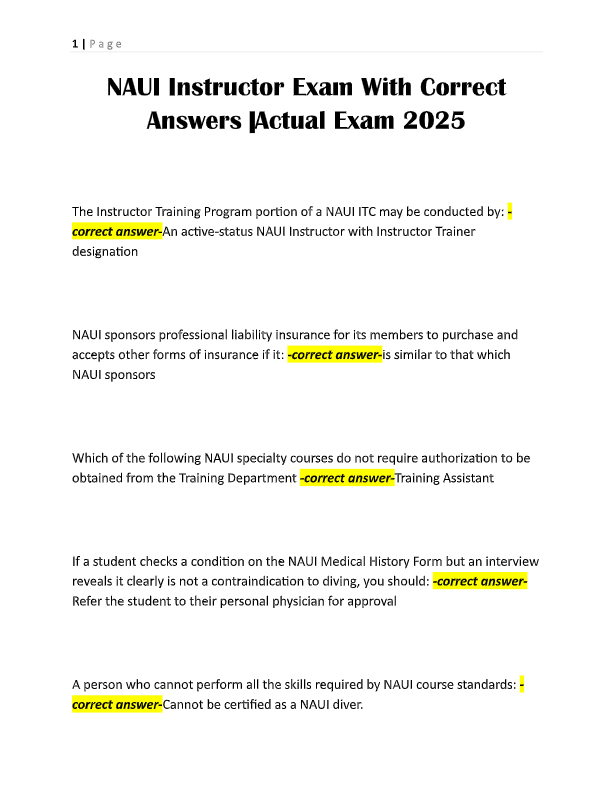 NAUI E-Learning Open Water Scuba Diver Final Exam 2025 – Questions & 100% Verified Solutions (Latest