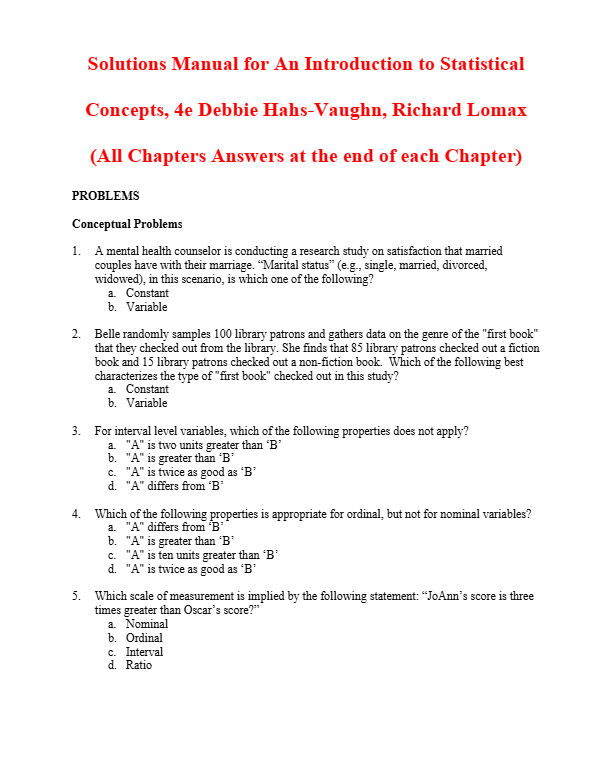 Solutions Manual For An Introduction to Statistical Concepts 4th Edition By Debbie Hahs-Vaughn, Rich