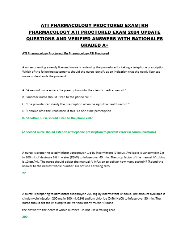 ATI PHARMACOLOGY PROCTORED EXAM 2024-2025 UPDATE QUESTIONS AND VERIFIED ANSWERS