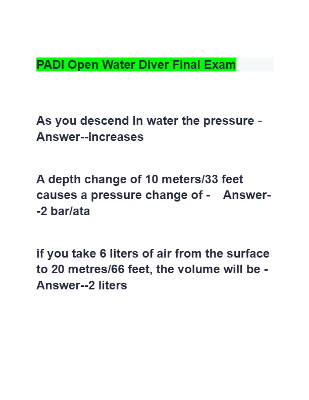 PADI Open Water Diver Final Exam Review 2025–2026 | 100% Verified Q&A | Complete Certification Guide