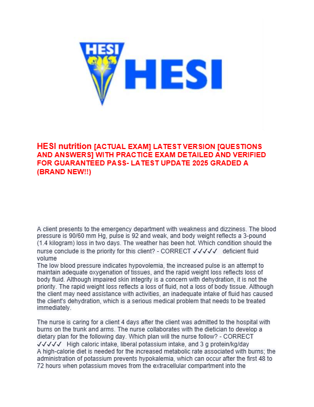 HESI nutrition [ACTUAL EXAM] LATEST VERSION [QUESTIONS  AND ANSWERS] WITH PRACTICE EXAM DETAILED AND