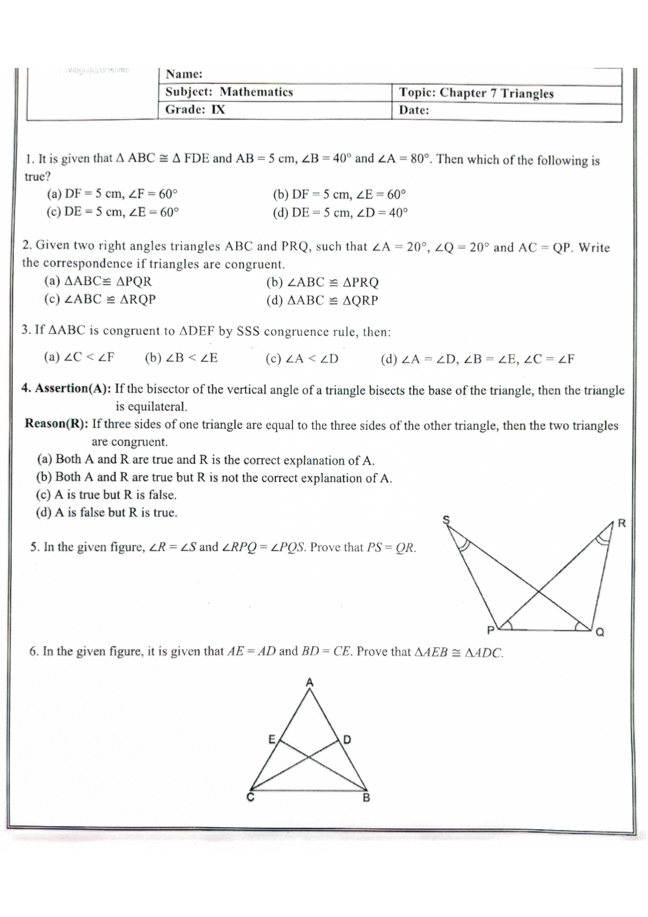 Triangles practice worksheet Class-9