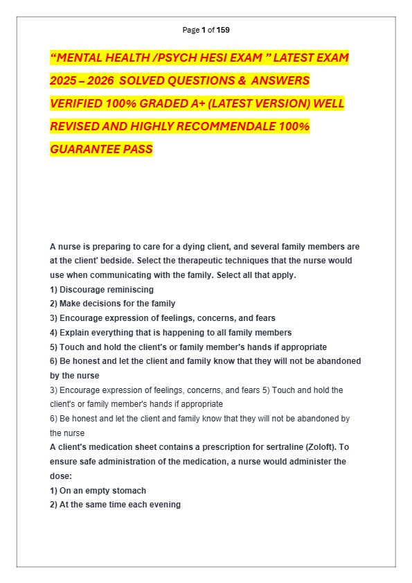 “MENTAL HEALTH /PSYCH HESI EXAM ” LATEST EXAM  2025 – 2026  SOLVED QUESTIONS &  ANSWERS  VERIFIED 10