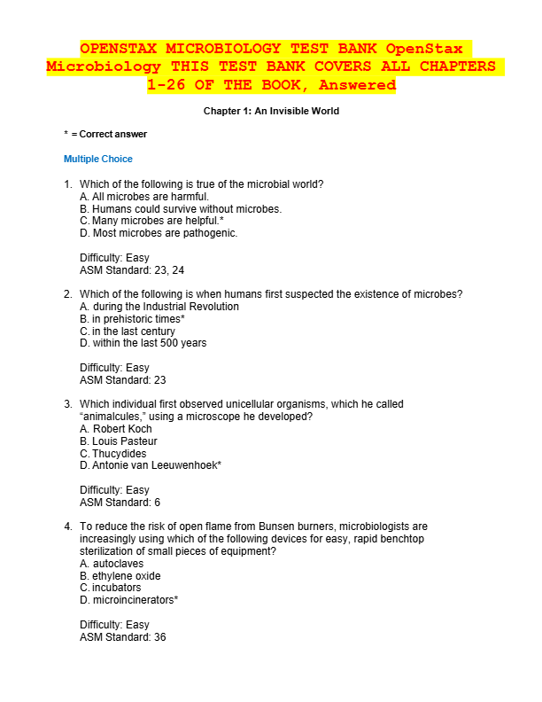 OPENSTAX MICROBIOLOGY TEST BANK ALL CHAPTERS  1-26 Covered!