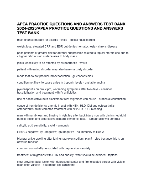 APEA PRACTICE QUESTIONS AND ANSWERS TEST BANK 2024