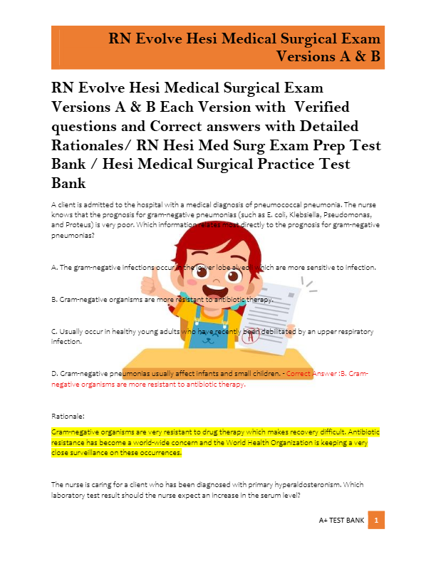 RN Evolve Hesi Medical Surgical Exam  Versions A & B Each Version with  Verified  questions and Corr