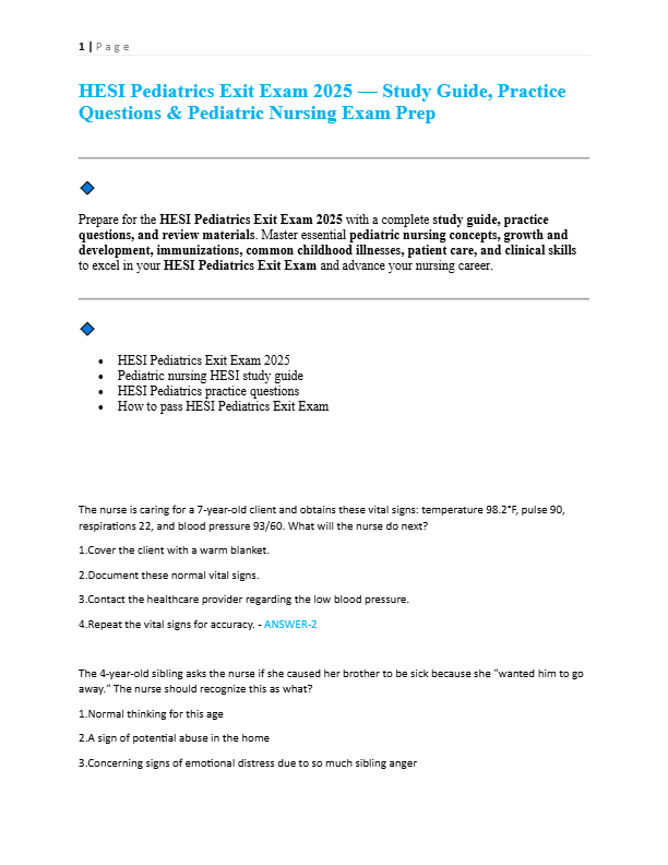HESI Pediatrics Exit Exam 2025 — Study Guide, Practice Questions & Pediatric Nursing Exam Prep