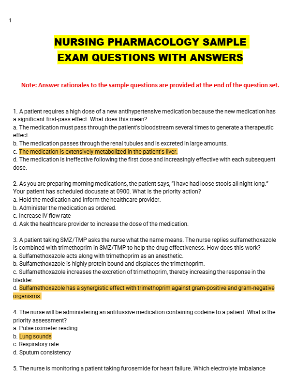NURSING PHARMACOLOGY SAMPLE   EXAM QUESTIONS WITH ANSWERS