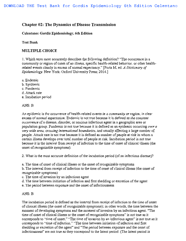 Gordis Epidemiology 6th Edition Test Bank – Chapter 2: Disease Transmission Dynamics | Celentano & S