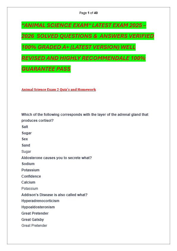 “ANIMAL SCIENCE EXAM” LATEST EXAM 2025 –  2026  SOLVED QUESTIONS &  ANSWERS VERIFIED  100% GRADED A+