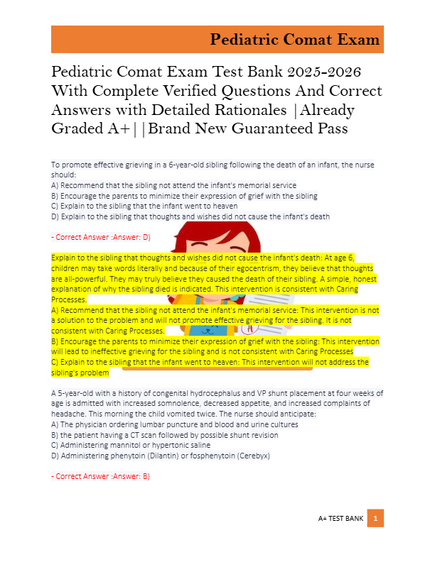 Pediatric Comat Exam Test Bank 2025-2026  With Complete Verified Questions And Correct  Answers with