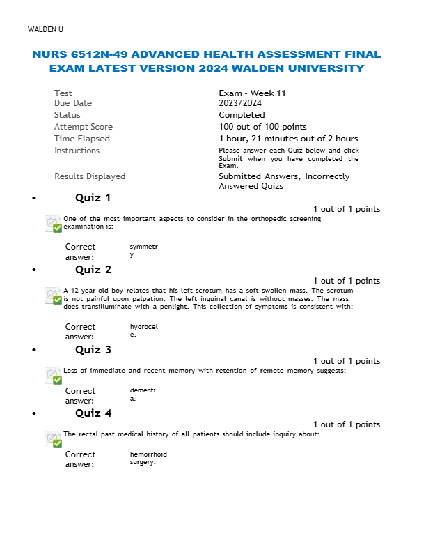 NURS 6512N-49 ADVANCED HEALTH ASSESSMENT FINAL  EXAM LATEST VERSION 2024/2025 WALDEN UNIVERSITY