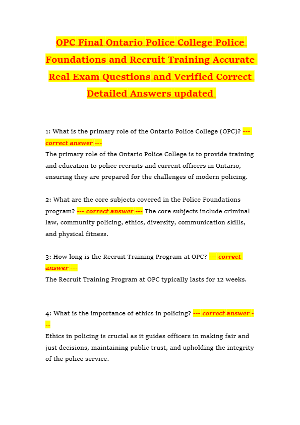 OPC Final Ontario Police College Police Foundations and Recruit Training Accurate Real Exam Question