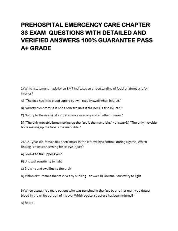 PREHOSPITAL EMERGENCY CARE CHAPTER  33 EXAM  QUESTIONS WITH DETAILED AND  VERIFIED ANSWERS 100% GUAR