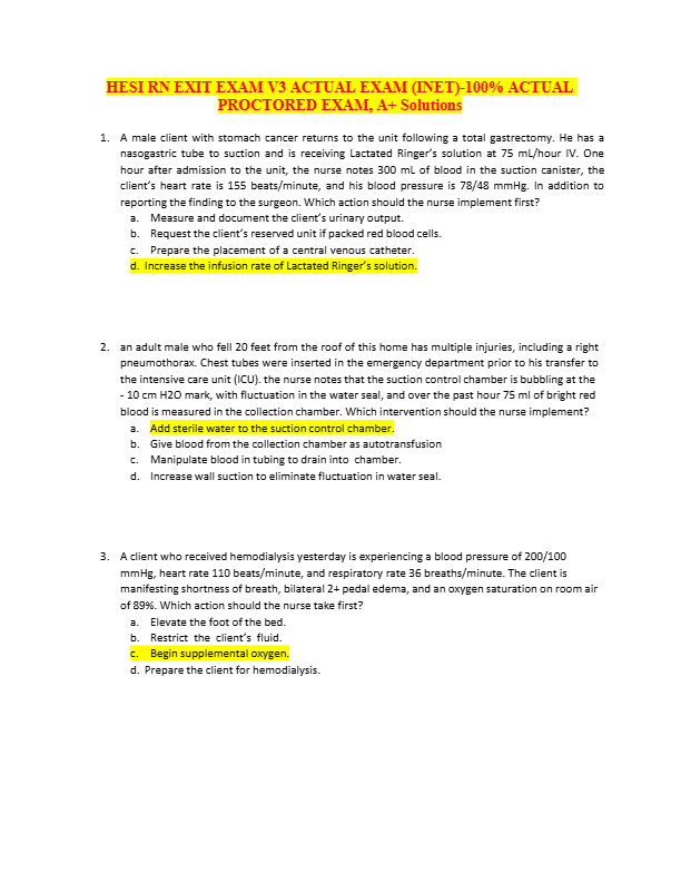 HESI RN EXIT EXAM V3 ACTUAL EXAM (INET)-100% ACTUAL  PROCTORED EXAM A+ Solutions