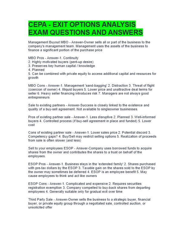 CEPA Exit Options Analysis Exam 2025–2026: Actual Questions & Verified Answers – Graded A+