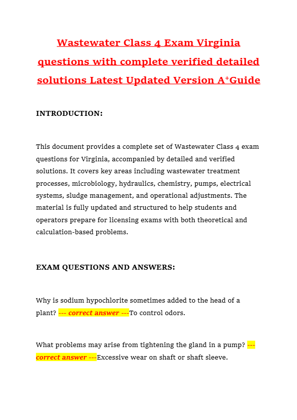 Wastewater Class 4 Exam Virginia questions with complete verified detailed solutions Latest Updated