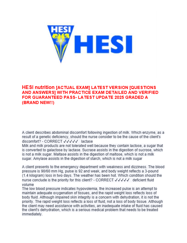 HESI nutrition [ACTUAL EXAM] LATEST VERSION [QUESTIONS  AND ANSWERS] WITH PRACTICE EXAM DETAILED AND