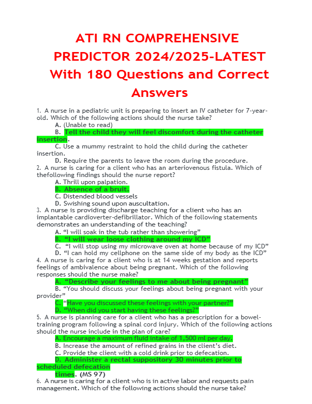 ATI RN COMPREHENSIVE  PREDICTOR 2024/2025-LATEST  With 180 Questions and Correct  Answers