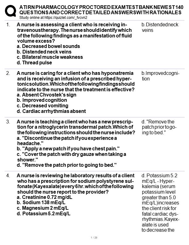 ATI RN PHARMACOLOGY PROCTORED EXAM TEST BANK NEWEST 140 QUESTIONS WITH COMPLETE SOLUTIONS