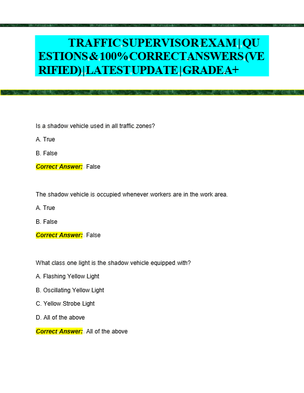 2025 Traffic Supervisor Exam Prep: 400+ Actual Questions & Verified Answers | Latest Test Bank | Gra