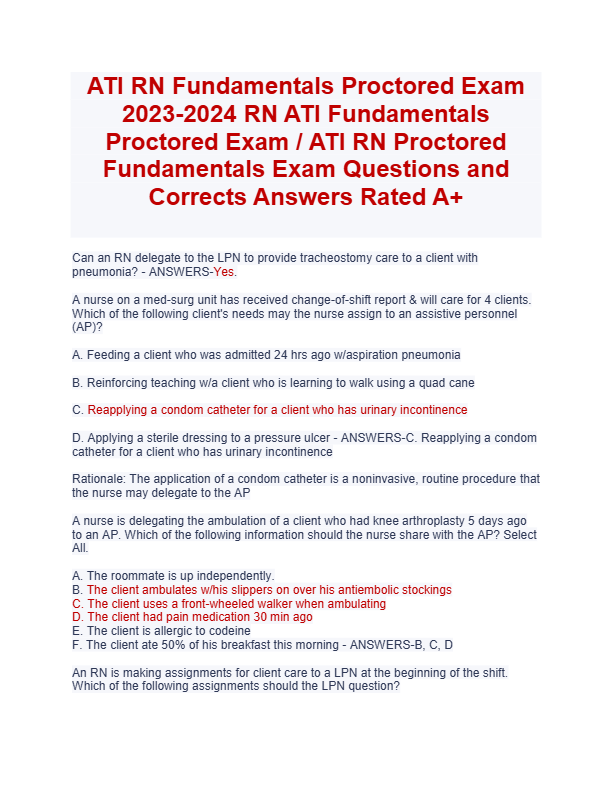 ATI RN Fundamentals Proctored Exam  2023-2024 RN ATI Fundamentals  Proctored Exam