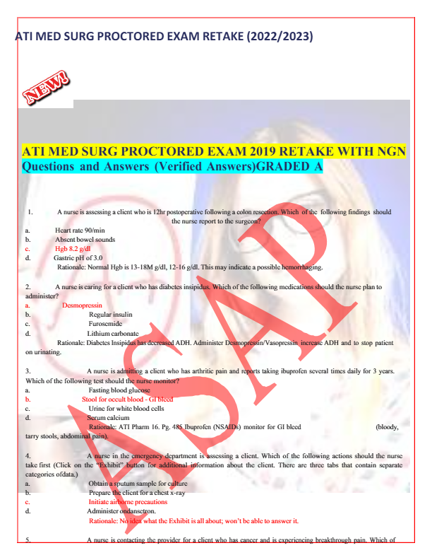 ATI MEDICAL SURGICAL RETAKE COMPLETE 100 QUESTIONS AND CORRECT DETAILED ANSWERS (VERIFIED ANSWERS)