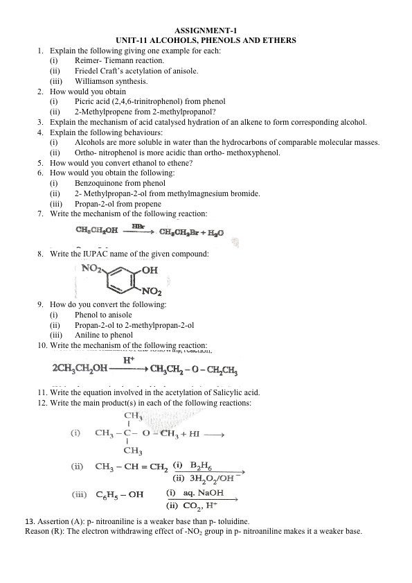Alcohol , Phenol and Ether assignment