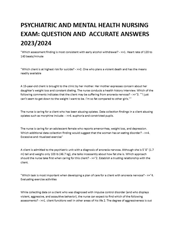 PSYCHIATRIC AND MENTAL HEALTH NURSING  EXAM: QUESTION AND  ACCURATE ANSWERS  2023/2024