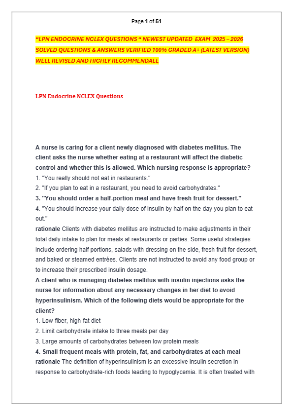 “LPN ENDOCRINE NCLEX QUESTIONS “ NEWEST UPDATED  EXAM  2025 – 2026  SOLVED QUESTIONS & ANSWERS VERIF
