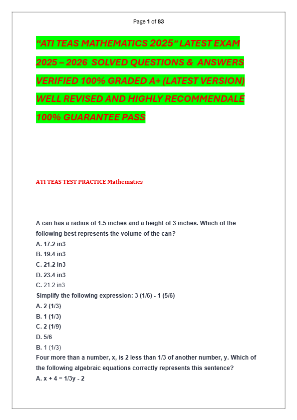 “ATI TEAS MATHEMATICS 2025” LATEST EXAM  2025 – 2026  SOLVED QUESTIONS &  ANSWERS  VERIFIED 100% GRA