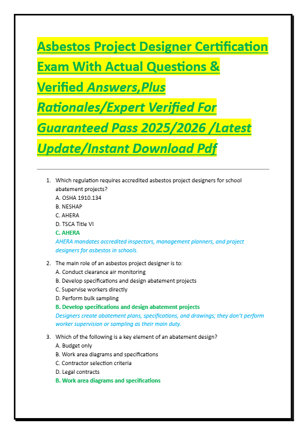 Asbestos Project Designer Certification  Exam With Actual Questions &  Verified Answers,Plus  Ration
