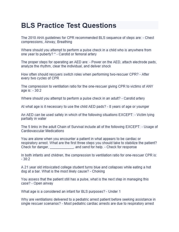 BLS Practice Test Questions & Answers 2025–2026 | 100% Verified A+ Graded | AHA Compliant