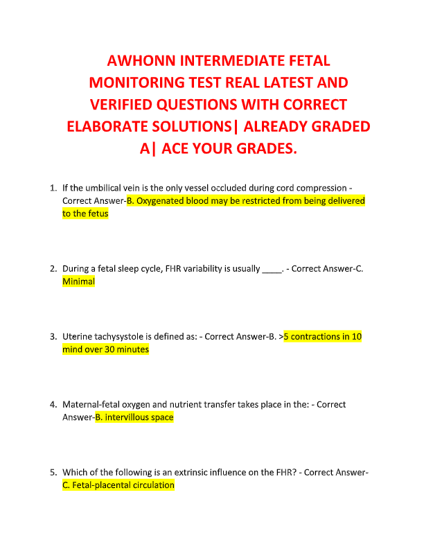 AWHONN Intermediate Fetal Monitoring Test 2025–2026 | Questions & 100% Verified Answers