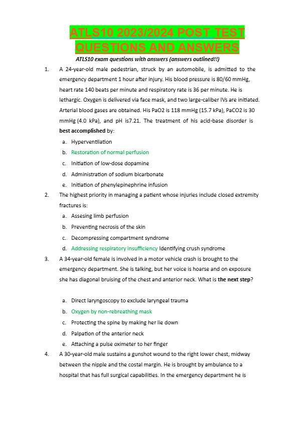 ATLS10 2023/2024 POST  TEST  QUESTIONS AND ANSWERS