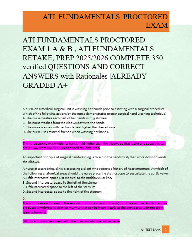 ATI FUNDAMENTALS PROCTORED  EXAM 1 A & B , ATI FUNDAMENTALS  RETAKE, PREP 2025/2026 COMPLETE 350  ve