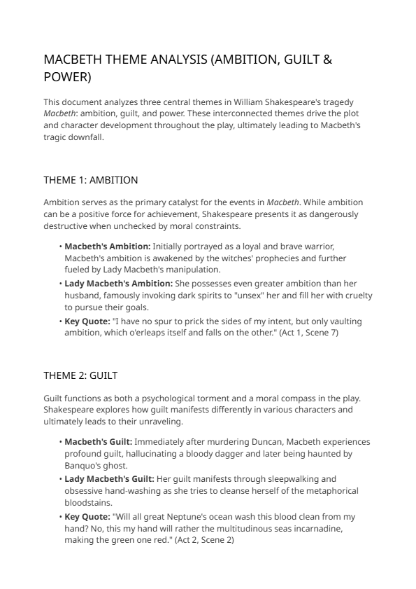 Macbeth Theme Analysis (Ambition, Guilt & Power)