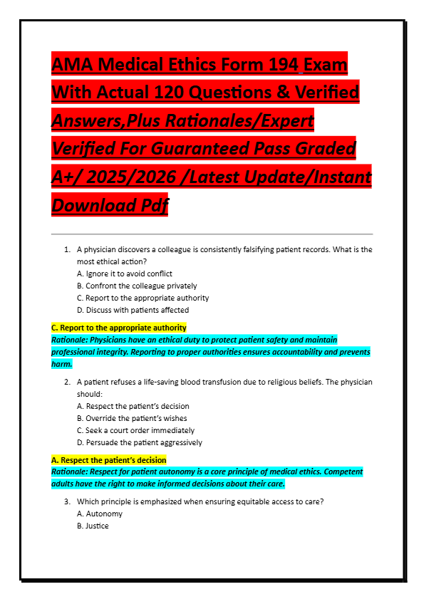 AMA Medical Ethics Form 194 Exam  With Actual 120 Questions & Verified  Answers,Plus Rationales/Expe