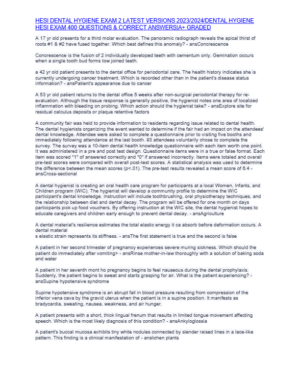 HESI DENTAL HYGIENE EXAM 2 LATEST VERSIONS 2023/2024/DENTAL HYGIENE
