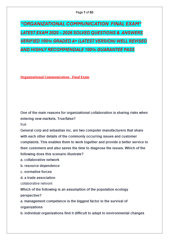 “ORGANIZATIONAL COMMUNICATION  FINAL EXAM”  LATEST EXAM 2025 – 2026 SOLVED QUESTIONS &  ANSWERS  V