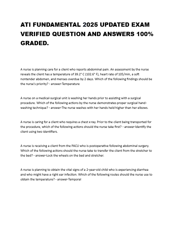 ATI FUNDAMENTALS ACTUAL EXAM 2025  LATEST UPDATED COMPLETE QUESTIONS  WITH CORRECT ANSWERS