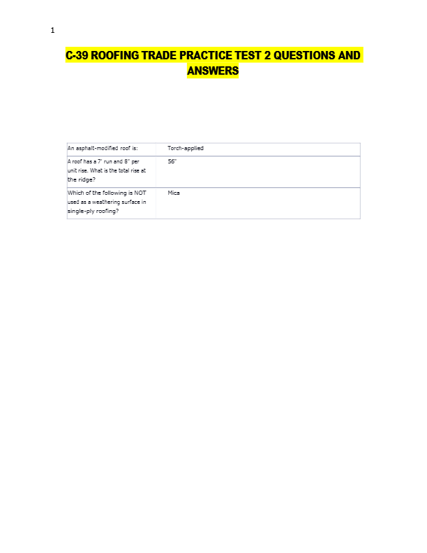 C-39 ROOFING TRADE PRACTICE TEST 2 QUESTIONS AND  ANSWERS