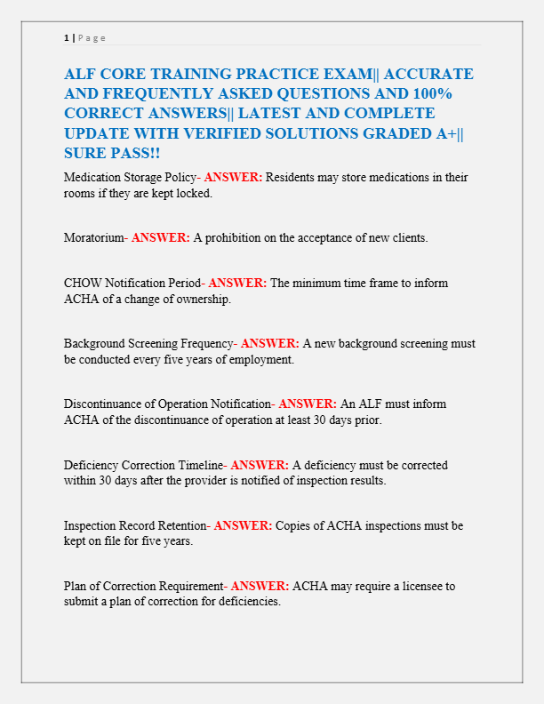 ALF CORE TRAINING PRACTICE EXAM|| ACCURATE  AND FREQUENTLY ASKED QUESTIONS AND 100%  CORRECT ANSWERS